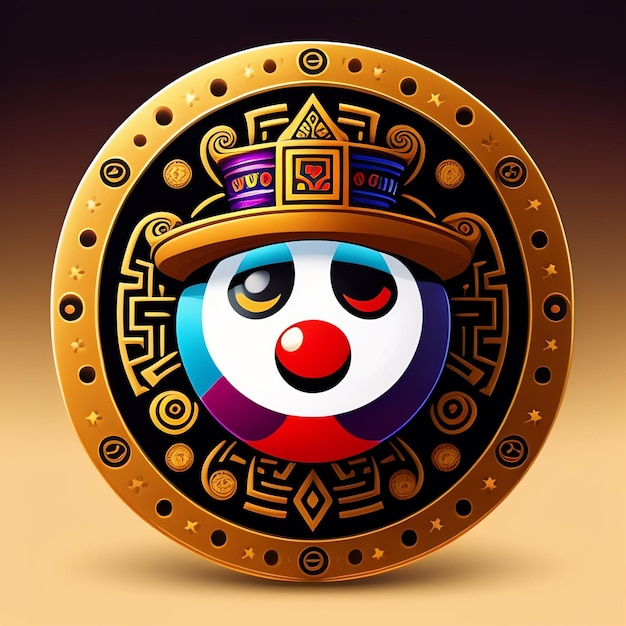 A gold coin with a face and a red nose and a hat with a red nose.