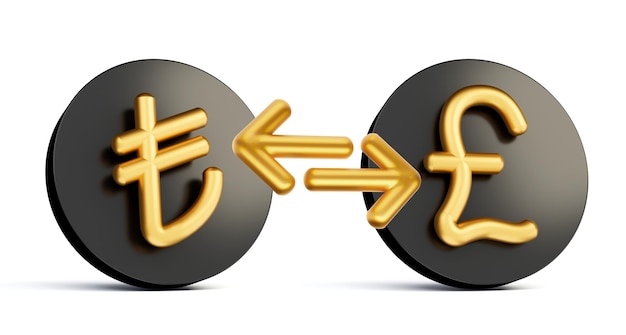 Фото Золотая монета с лирой в фунт значок обмена валюты, выделенный на белой 3d иллюстрации