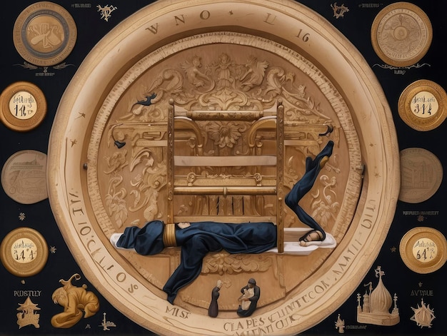 Foto una moneta d'oro con un uomo sdraiato su una panchina e un orologio