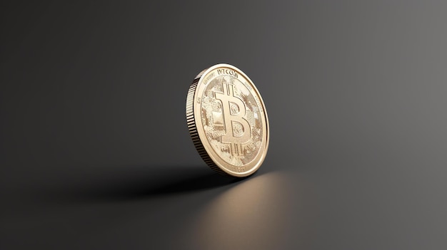A gold coin with the word Bitcoin on it is sitting on a dark surface The coin is in focus and the background is blurred