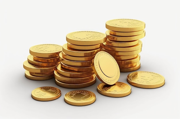 The gold coins are piled up against a white background