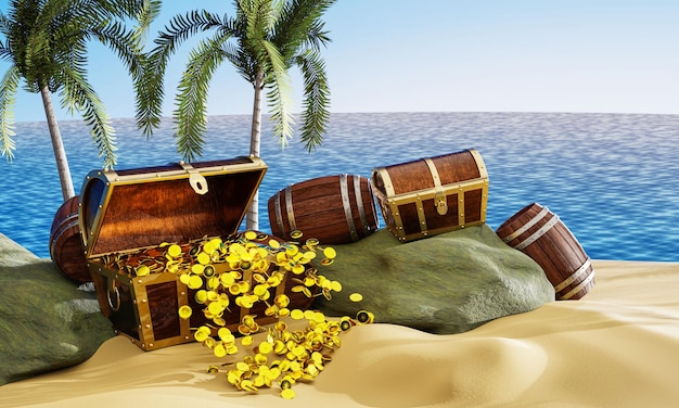 Gold coins are scattered from boxes or treasure chests wooden treasure chest put on the beach at a deserted island in the theme of Pirate treasure 3D rendering