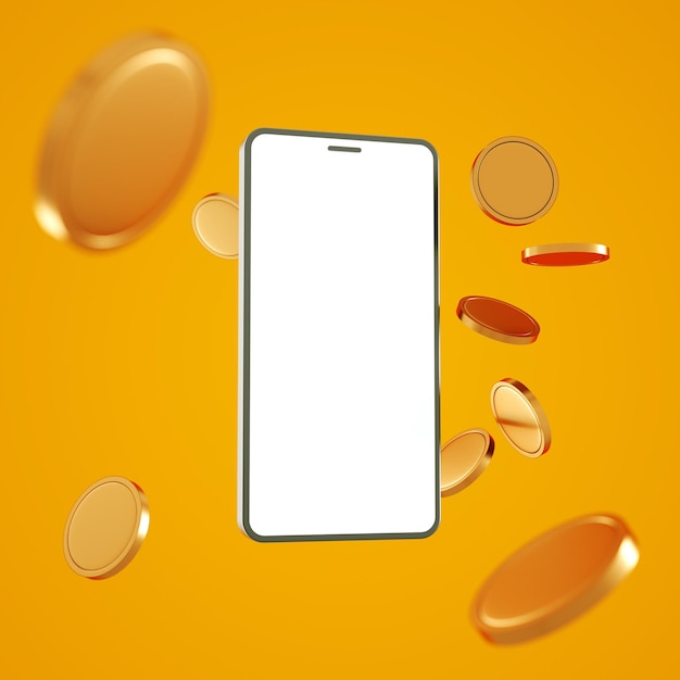 흰색 화면 온라인 쇼핑 전자 화폐 뱅킹 3d 렌더링이 있는 전화기 주위의 금화
