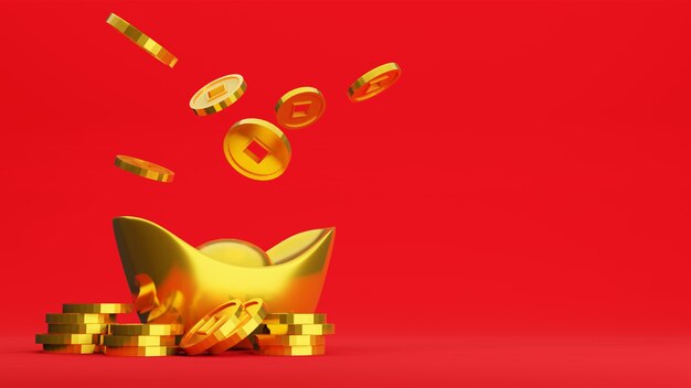 Gold coins and Chinese gold ingot on red