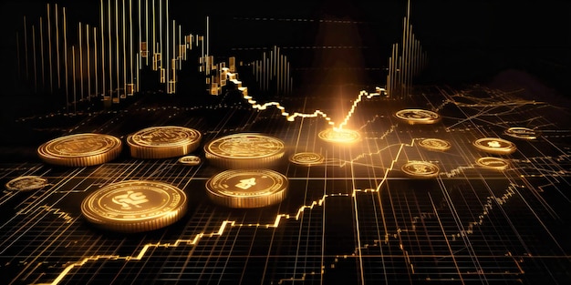 Gold coins cryptocurrency and a stock exchange