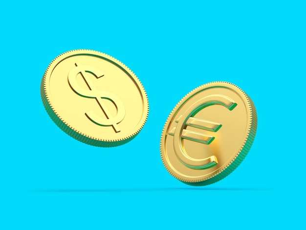 Foto monete d'oro dollaro ed euro 3d render