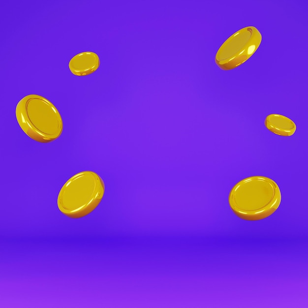 Gold coins fall down symbol of wealth and prosperity colorful blue wallpaper trendy illustration design 3d rendering