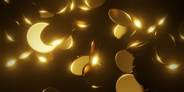 Gold coins falling on black background 3D render