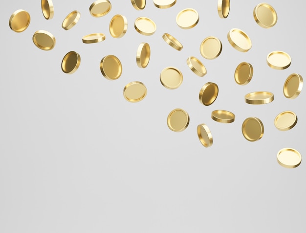 Foto monete d'oro che cadono o volano su sfondo bianco. jackpot o casinò poke concept. rendering 3d.