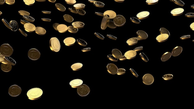 Gold coins falling from the top on black background Generative AI