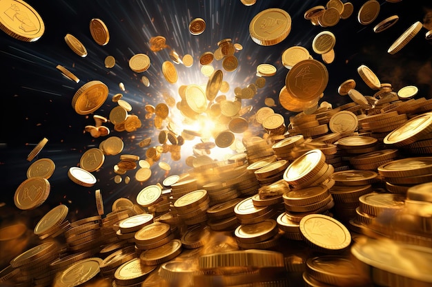 Золотые монеты, падающие на белом фоне, представляющие концепцию джекпота или казино поке