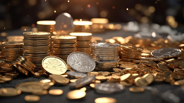 Gold coins and gold coins on a table