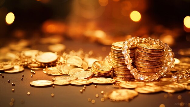 Gold coins and gold jewellery on floor background