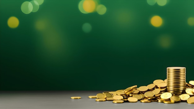 Gold coins on the green background St Patrick Day concept Copy space