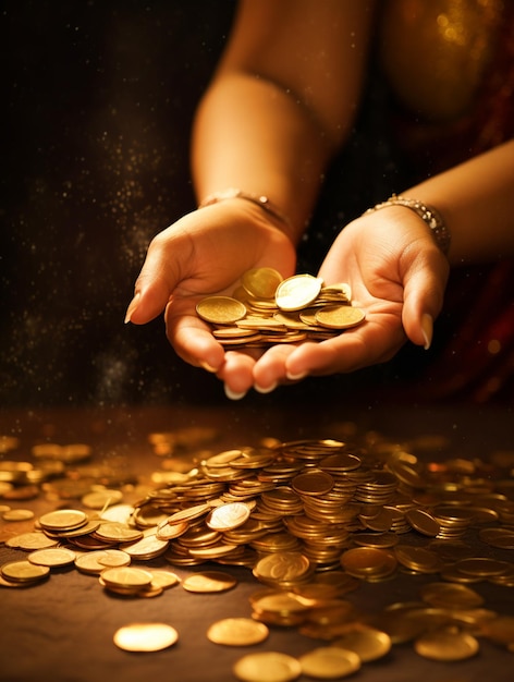 Gold coins in hands