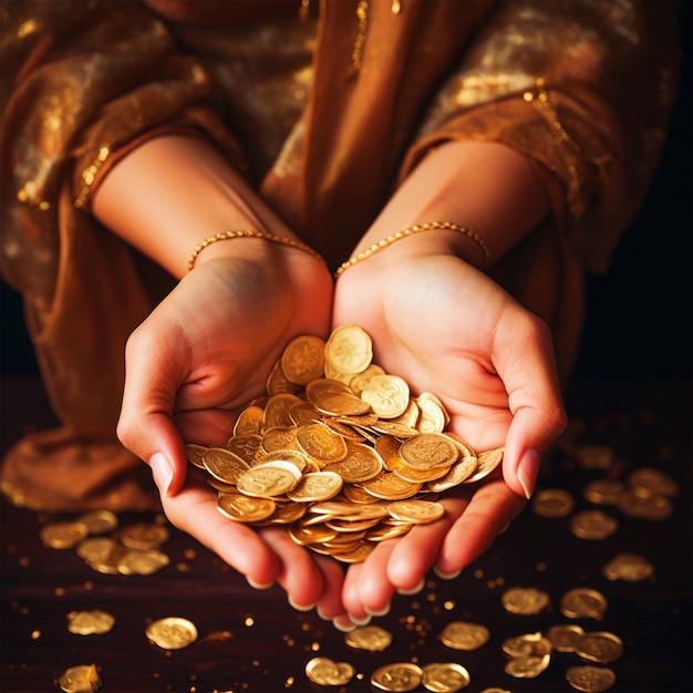 Gold coins in hands