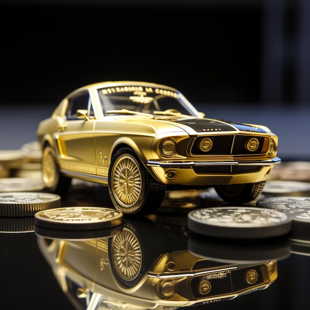 Photo the gold coins behind it contain a black mustang in the style of tadao ando nostalgic charm