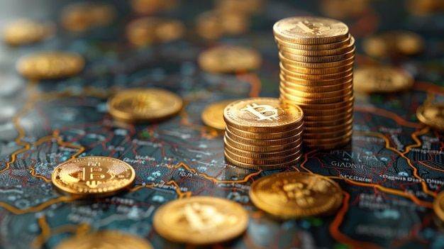 Photo gold coins on map
