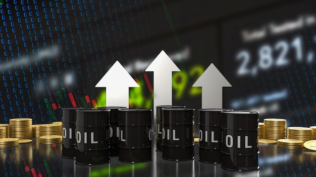 Золотые монеты и нефтяной бак на бизнес-фоне 3d-рендеринга