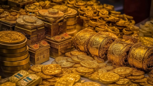 Gold coins and other items on a table