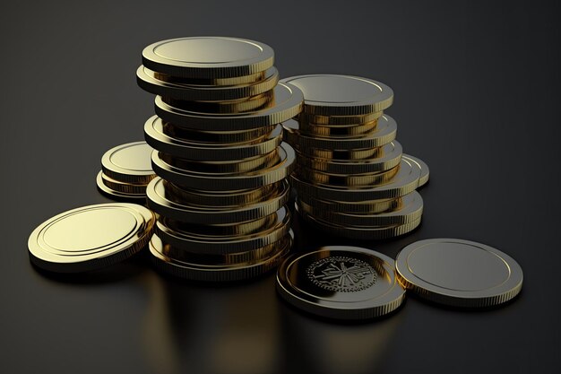 Gold coins piled up In a sterile white setting