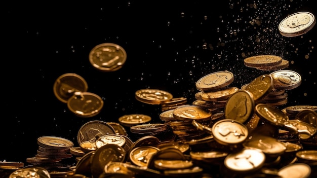 Золотые монеты идут дождем на черном фоне.