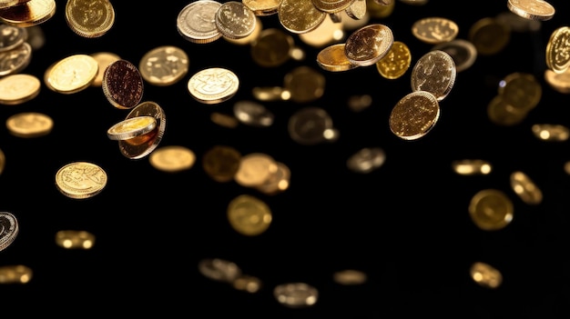 Золотые монеты идут дождем на черном фоне.