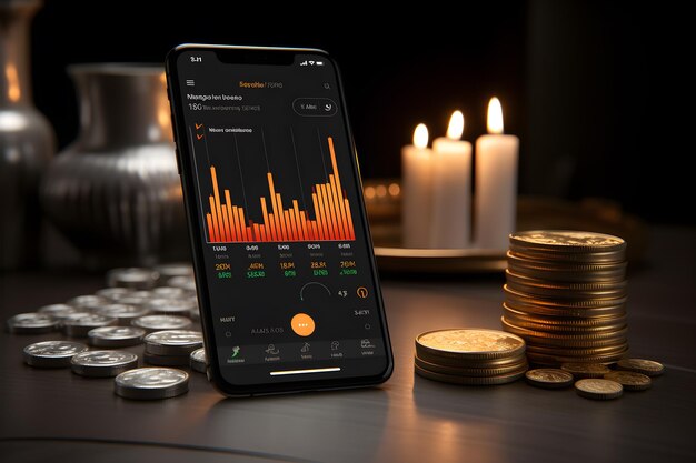 Gold coins silver coins represent investment trading and candle tank charts on mobile screens Generative AI