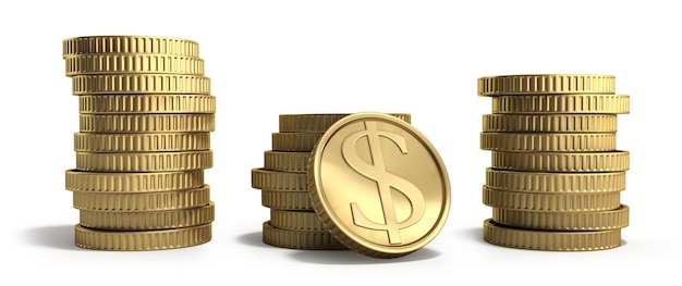 白い背景にドル記号の 3 d 図とスタックの金貨