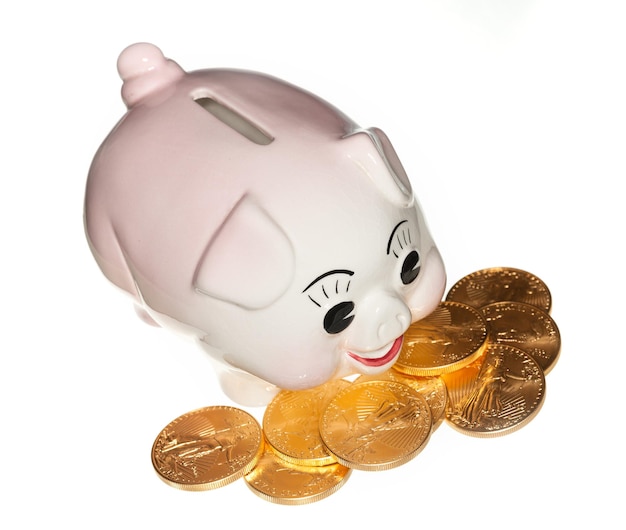 Gold coins surrounding pink piggy bank