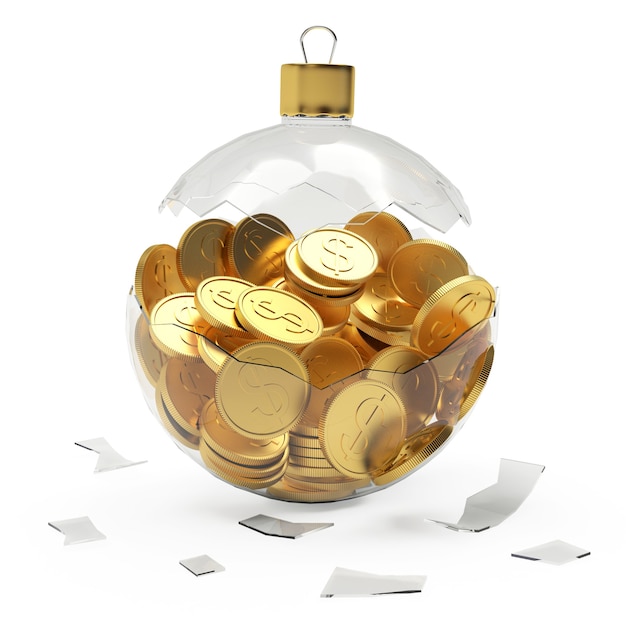 Gold coins in a transparent Christmas ball