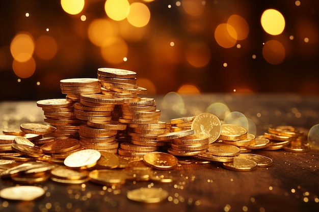 Gold coins with bokeh background