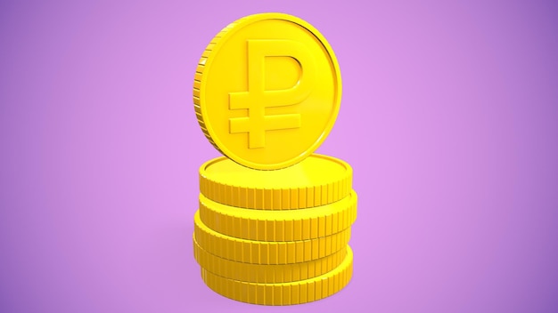 Gold coins with the ruble sign highlighted on the background 3drendering