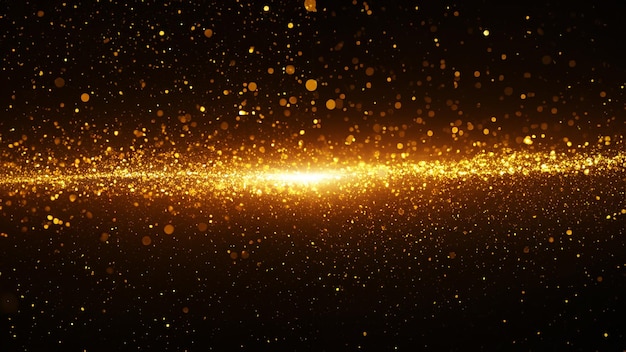 Photo gold color digital particles wave flow and light flare abstract technology background