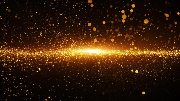 Gold color digital particles wave flow and light flare Abstract technology background