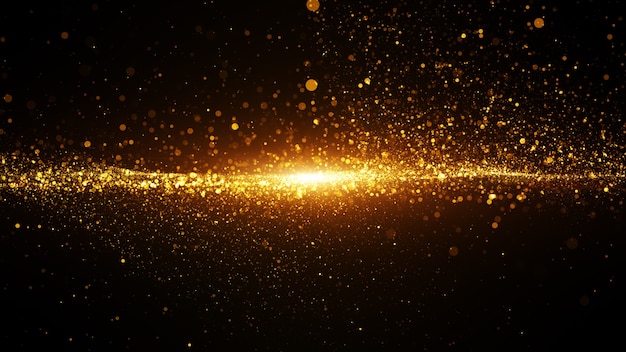 Photo gold color digital particles wave flow and light flare