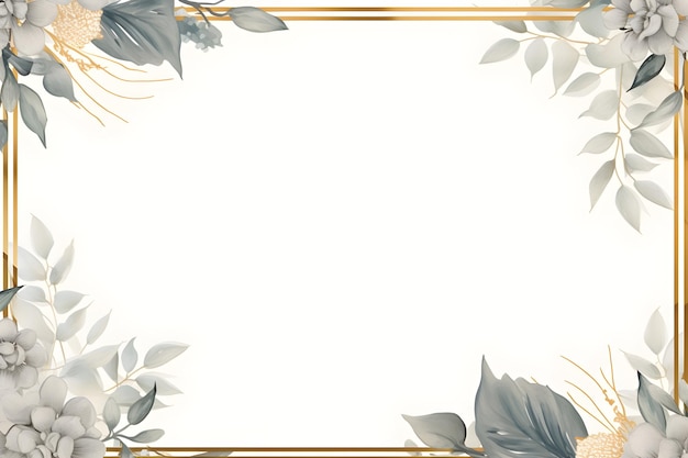 a gold color frame with flowers and leaves on a white background Abstract Gray foliage background