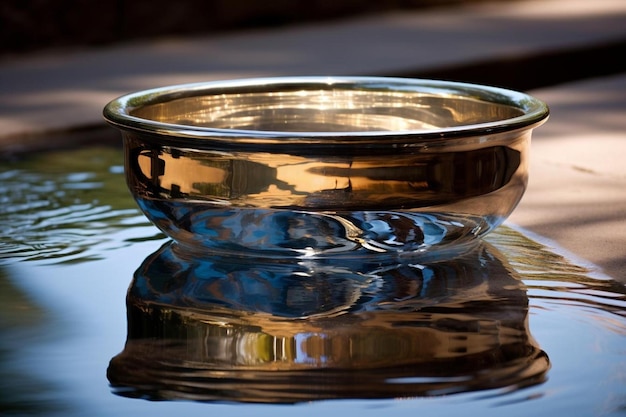 a gold colored bowl with the word " o " on it.