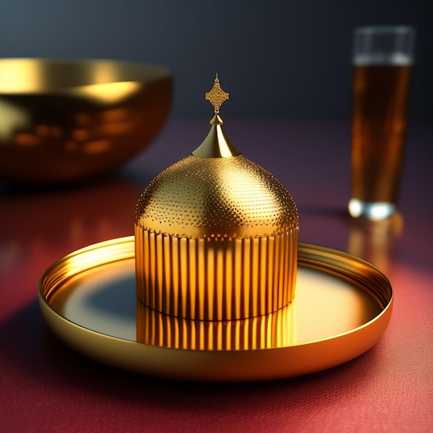 A gold colored dome sits on a table with a glass of beer.