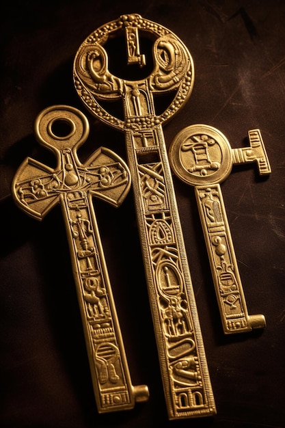 A gold colored key with the word key on it