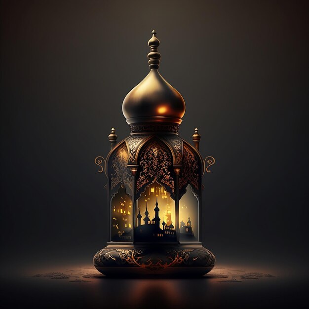 A gold colored lamp with a picture of a mosque on it.