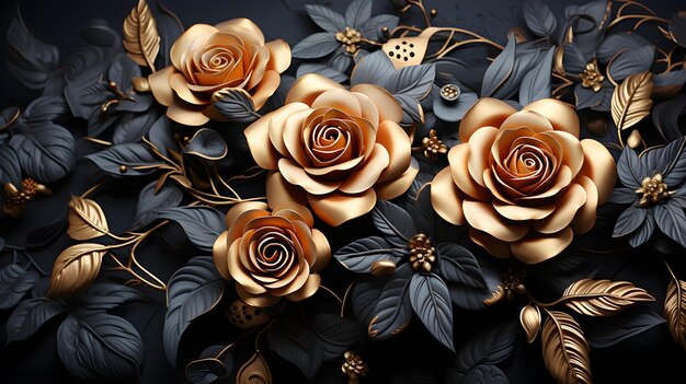 Premium AI Image | gold colored roses with leaves on a black background