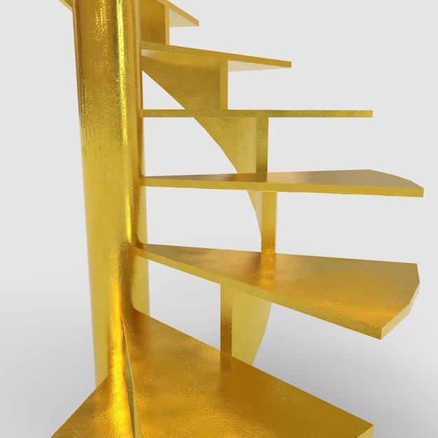 A gold colored wooden staircase with a large number of steps.