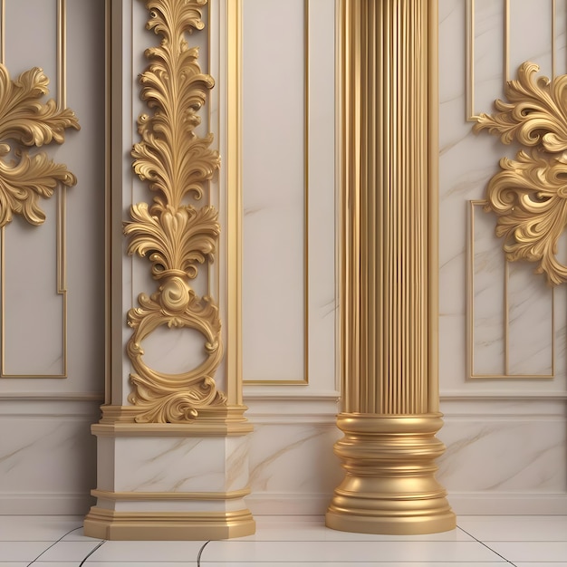 a gold column with a gold frame and a white and black marble floor.