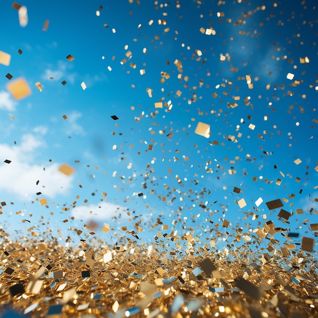 Foto coriandoli d'oro su sfondo blu cielo