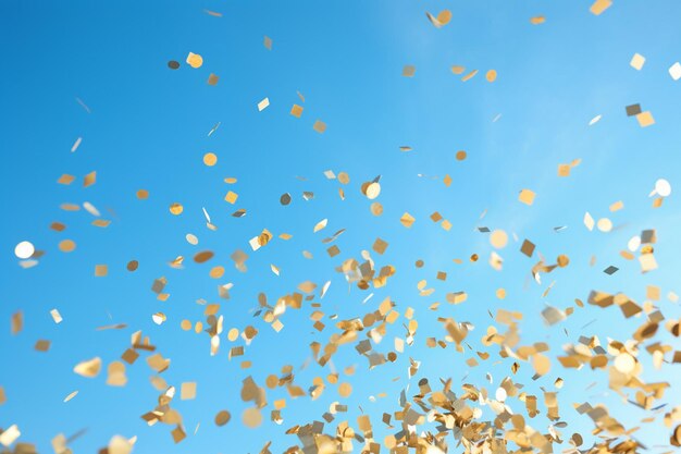 Photo gold confetti on blue sky background