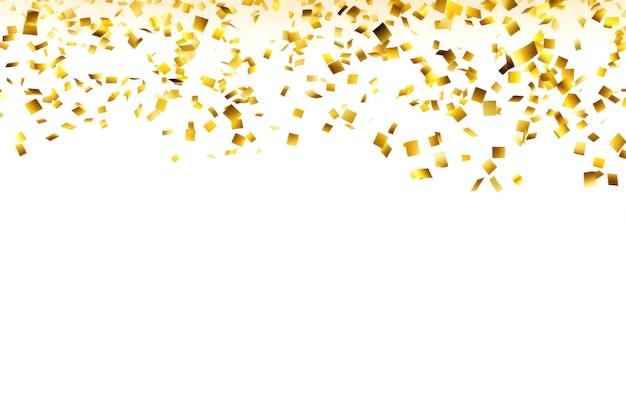Gold confetti falling down in front of a white background