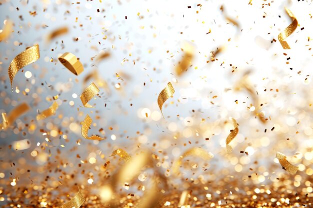 Gold confetti falling on white background