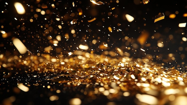 gold confetti rains down against a black background creating a festive celebratory atmosphere perf