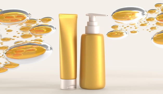 Gold cosmetics bottles with bubbles essence drops of oil or serum mockup banner 3d render Skin care cosmetic pump tubes beauty products with golden liquid texture on background